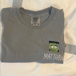 Comfort Colors Kids Gray Tee with Green Frankenstein Embroidery